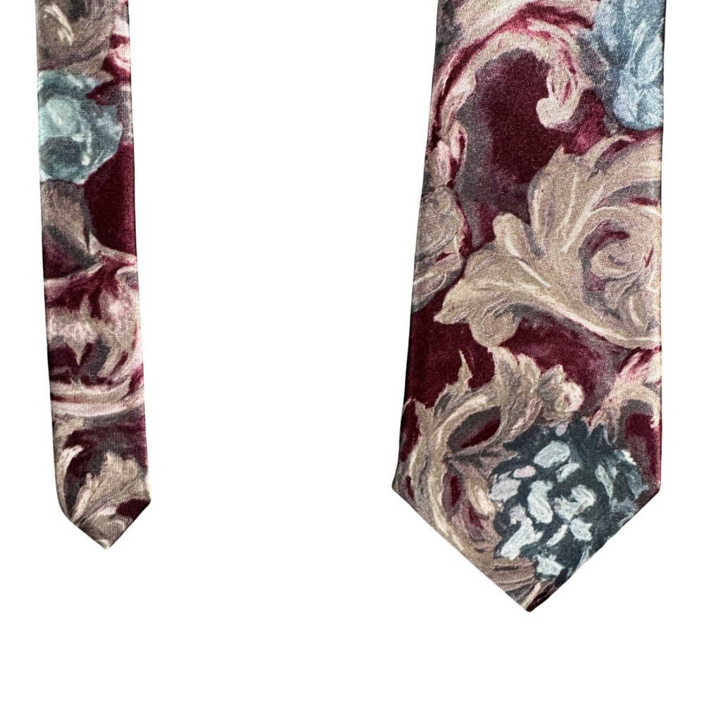 Geoffrey Beene Mens Floral Paisley Silk Look Necktie Burgundy Blue Made in USA